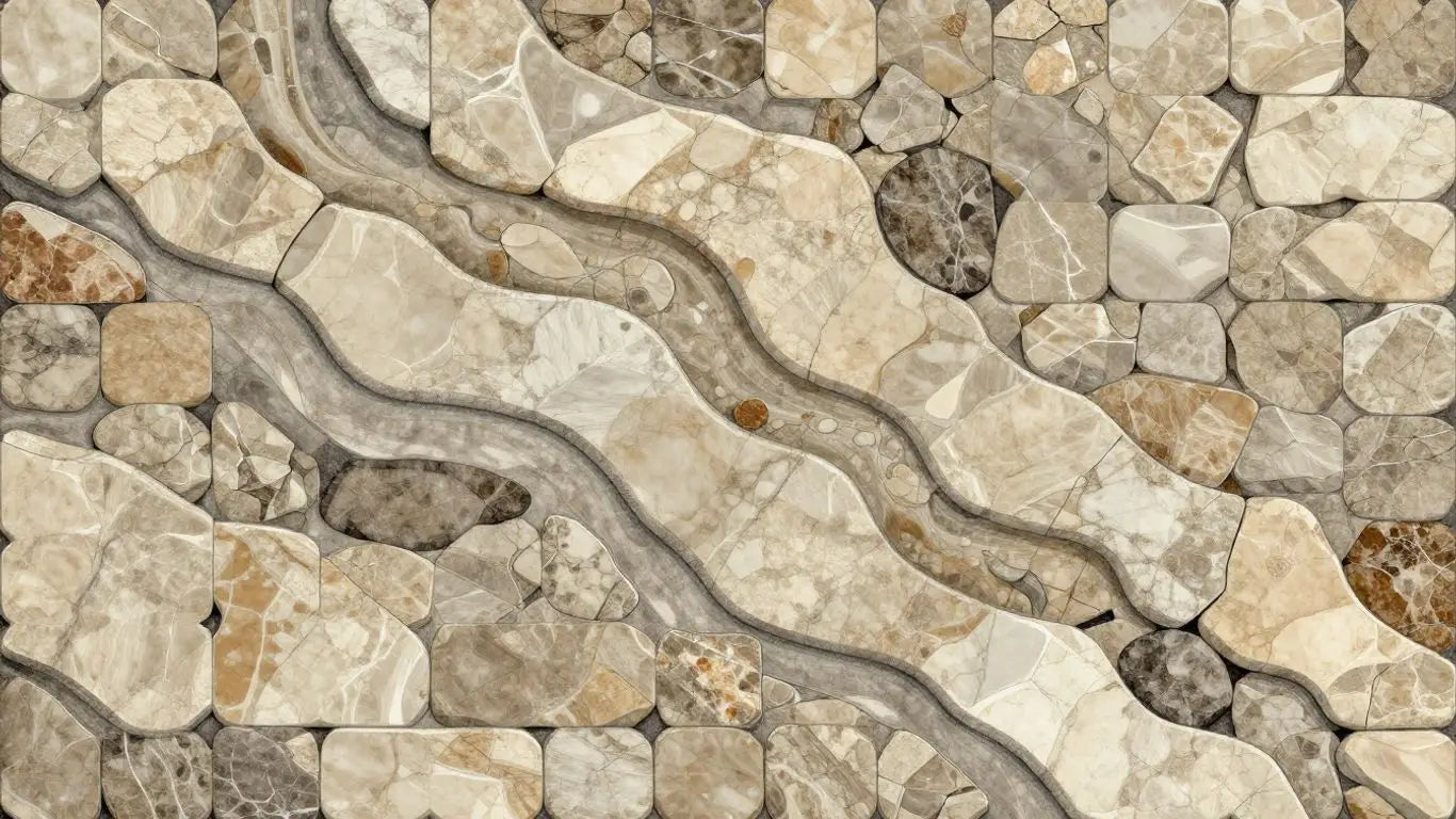 Tumbled marble tiles in a flowing pattern.