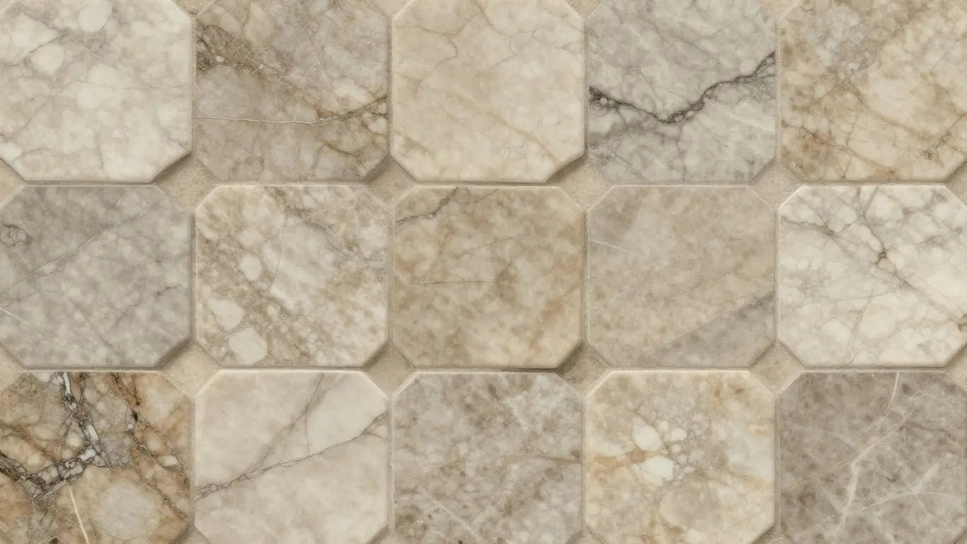Tumbled marble tiles with natural veining and earthy tones.