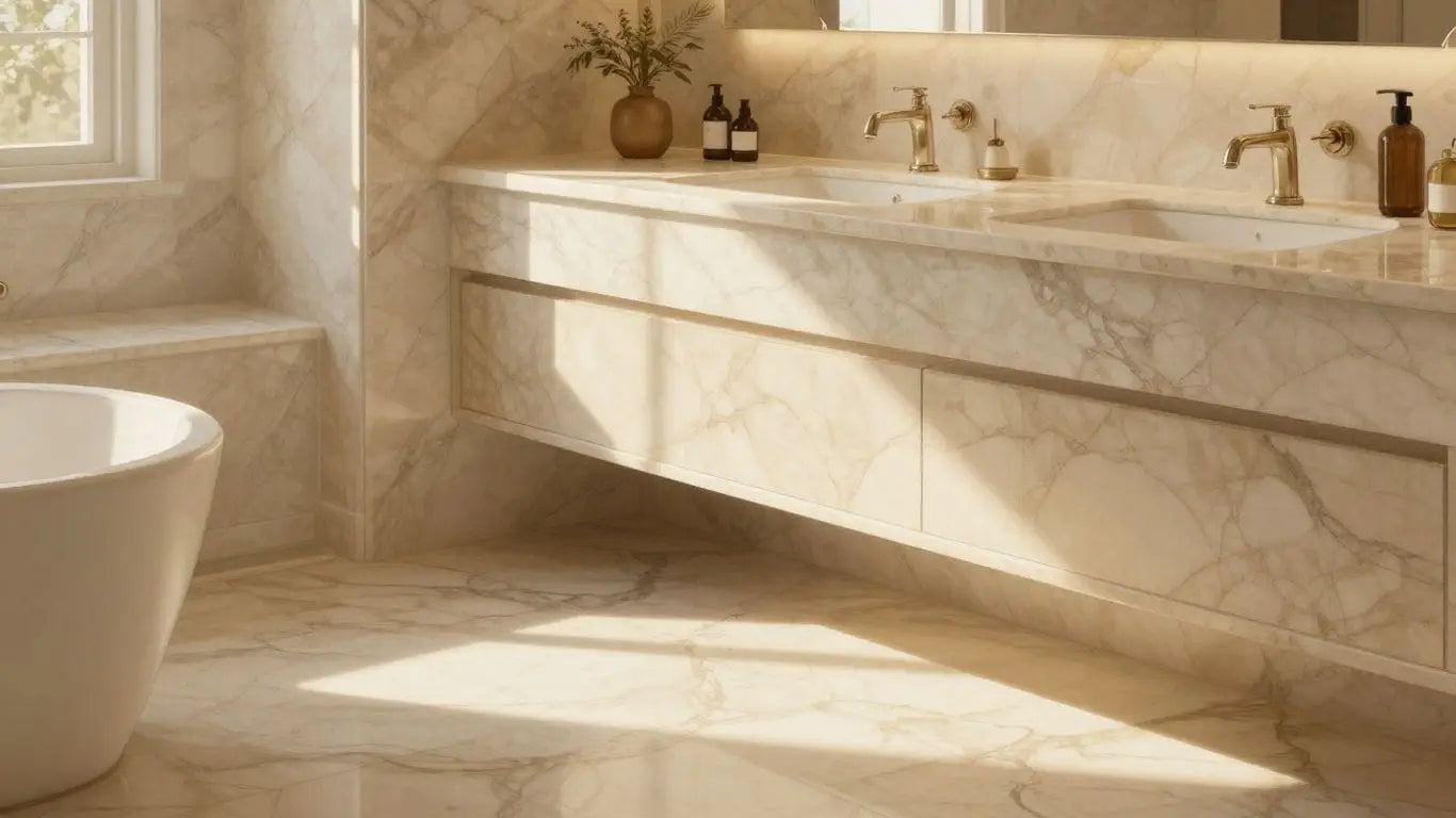 Crema Marfil marble bathroom sketch with warm sunlight.