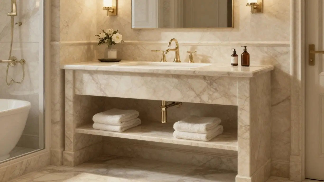 Beige marble bathroom vanity and floor sketch.