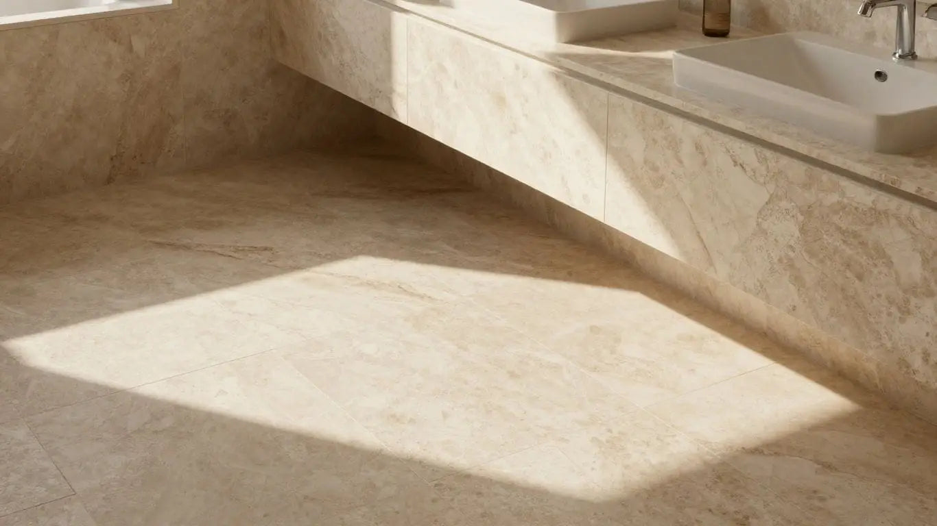 Travertine bathroom with natural stone tiles and vanity.