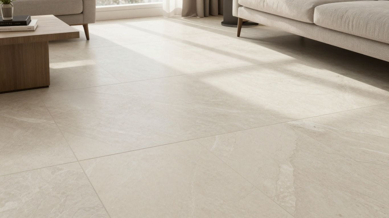 Modern living room with natural limestone flooring.