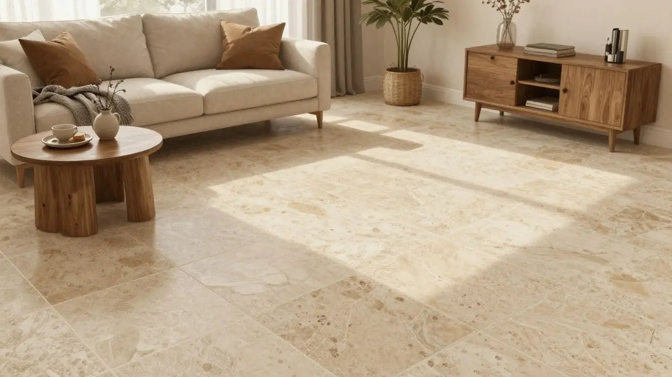 Sketch of rustic travertine stone flooring in a living room.