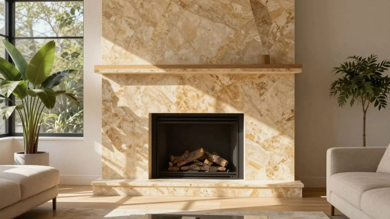 Travertine stone fireplace in a modern living room.