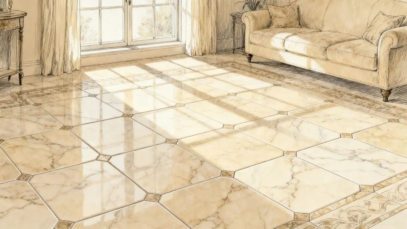 A warm living room with beige marble floor
