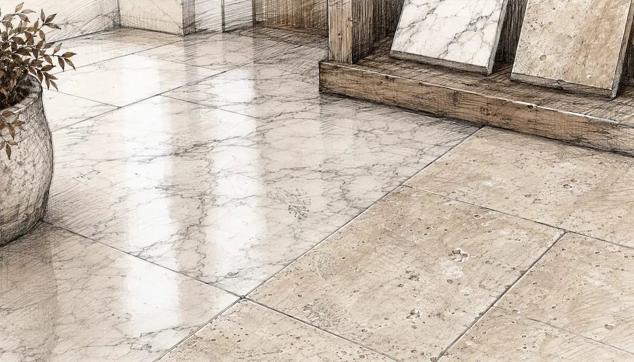 Boutique showroom floor with honed marble and filled travertine tiles