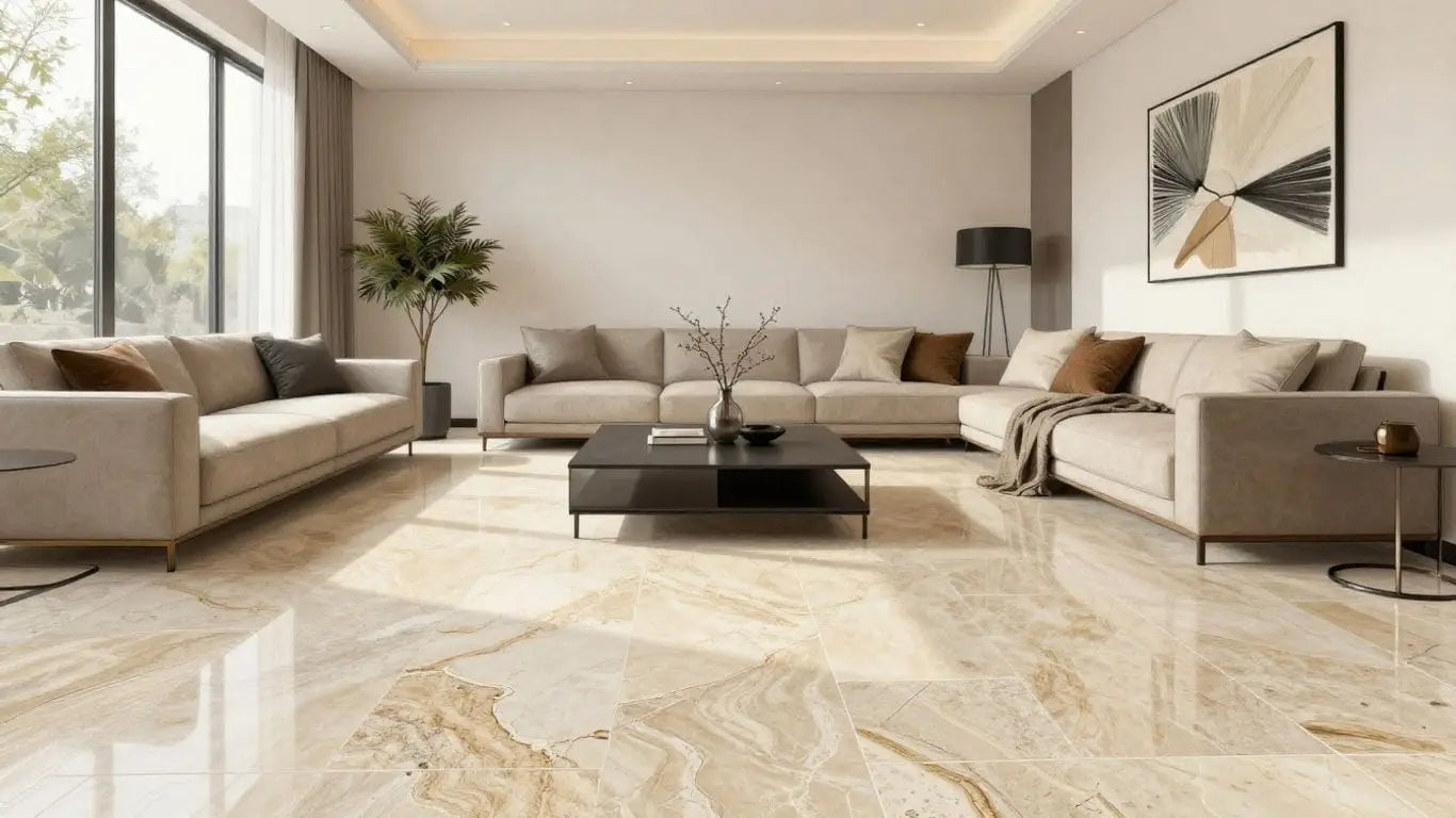 Modern home interior with limestone flooring sketch.