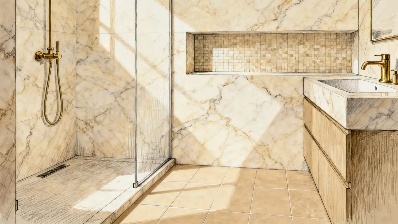 Warm Crema Marfil marble bathroom interior