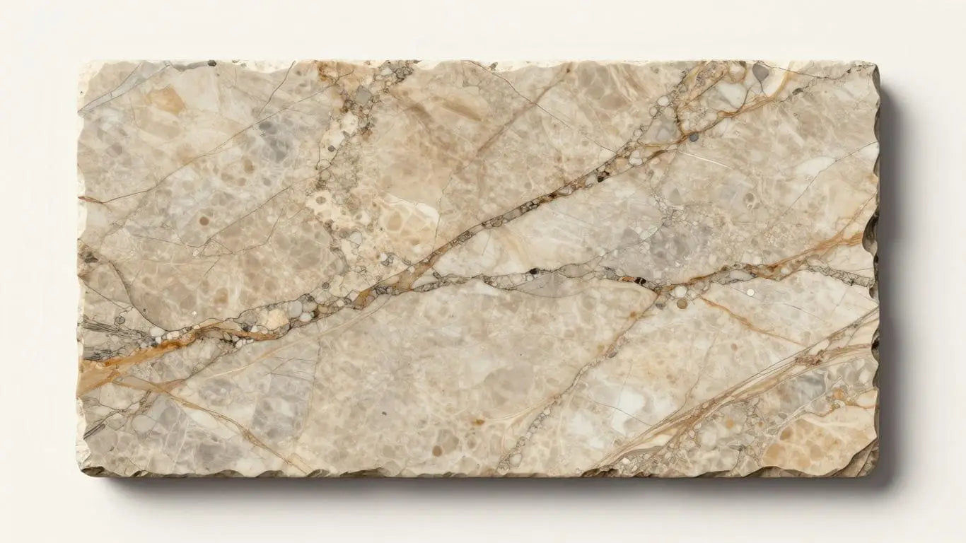 Vein cut travertine stone slab with natural patterns.