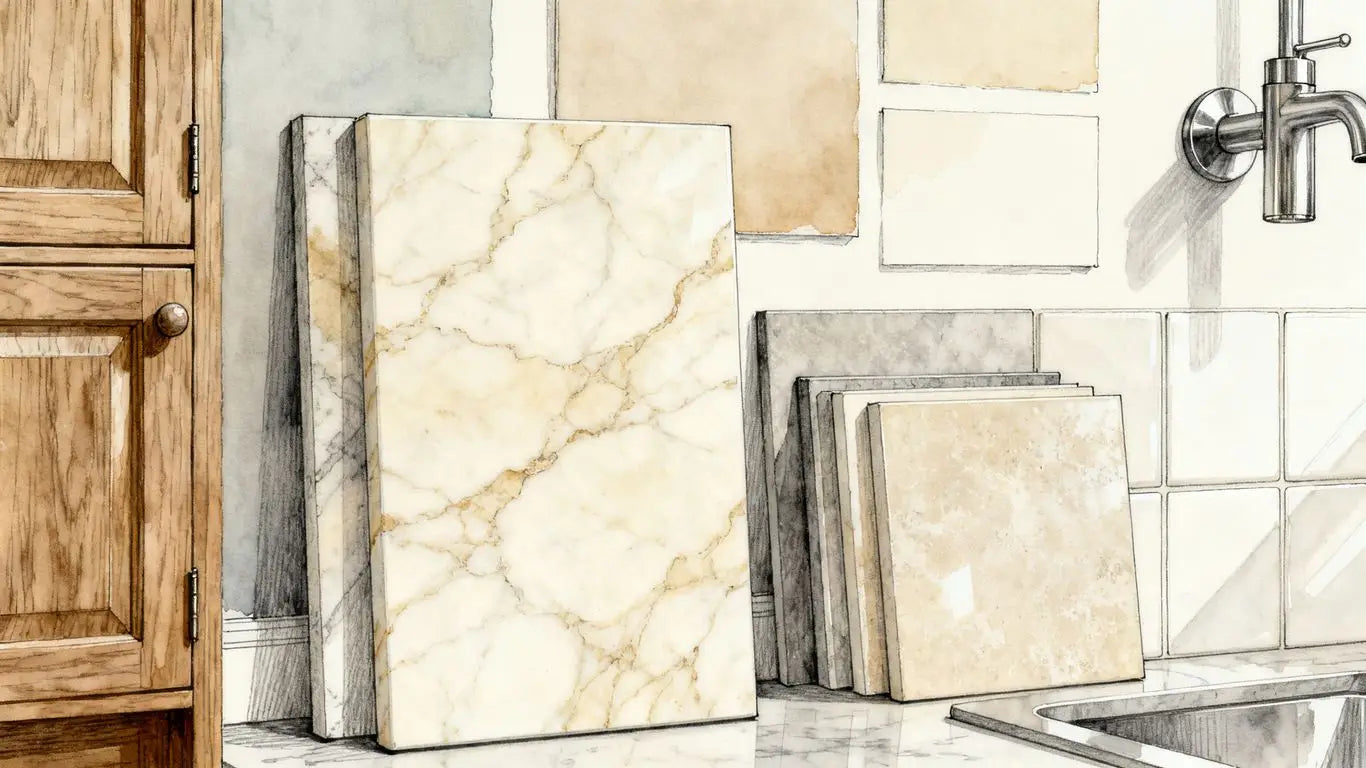 Tableros de muestras de azulejos de mármol Crema Marfil