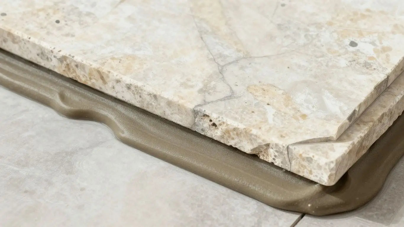 Natural stone tile being set on mortar bed.