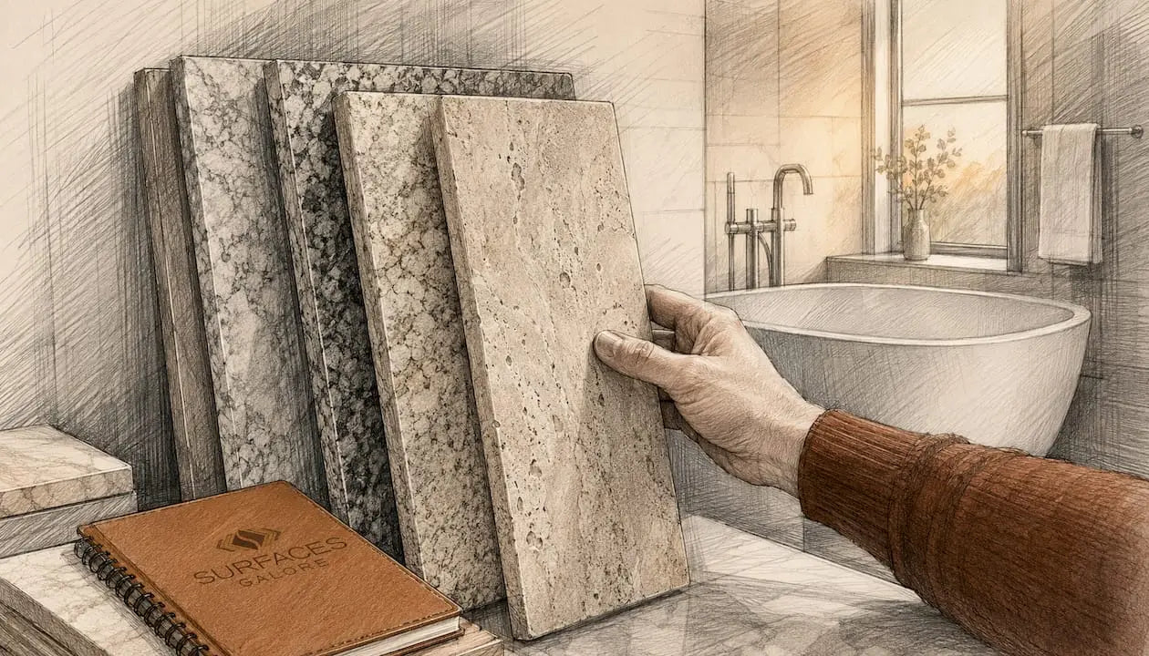 Holding natural stone tile samples in bathroom