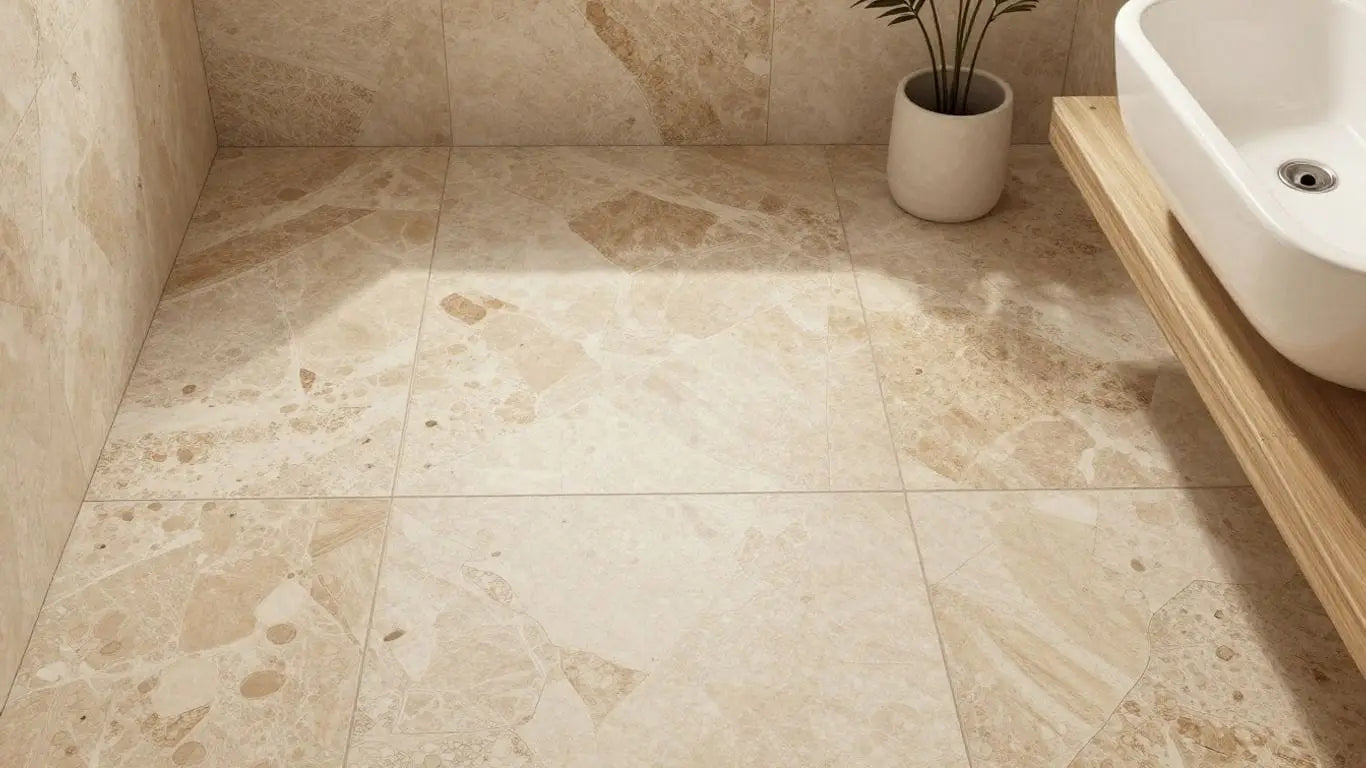 Scabos travertine tiles in a bathroom design sketch.