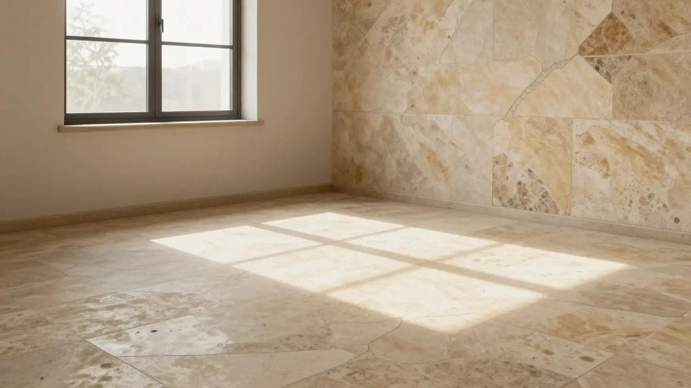 Tumbled limestone flooring and wall in a sunlit room.