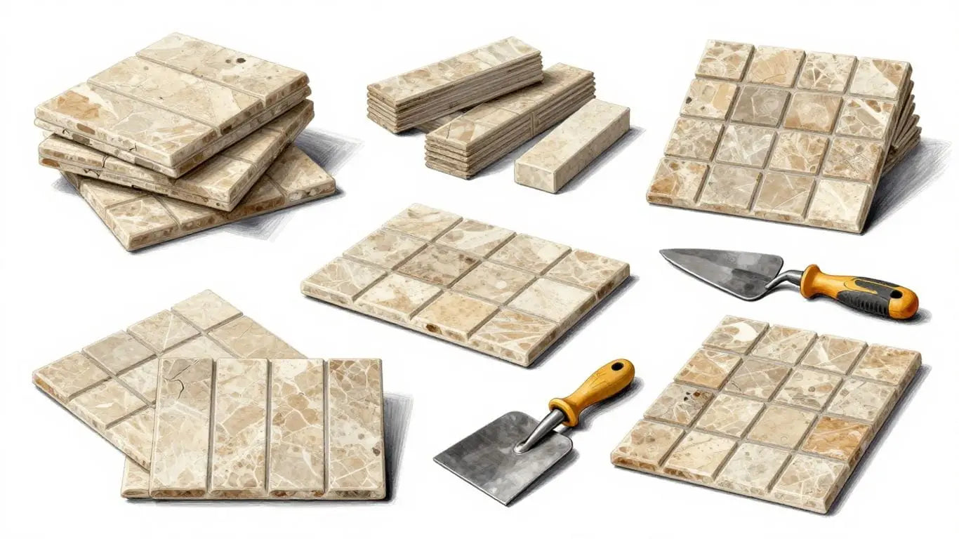Tools and materials for limestone tile installation sketch.