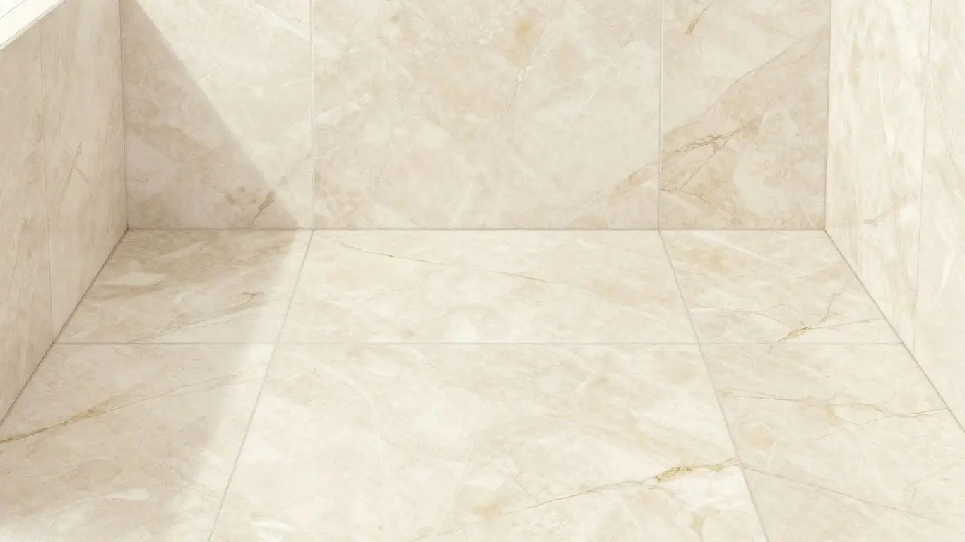 Ivory travertine marble tiles on a bathroom floor.
