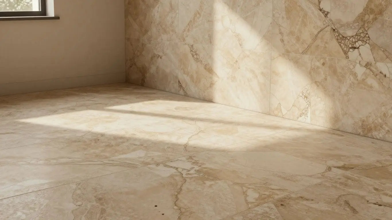 Alabastrino travertine tiles in a rustic room setting.