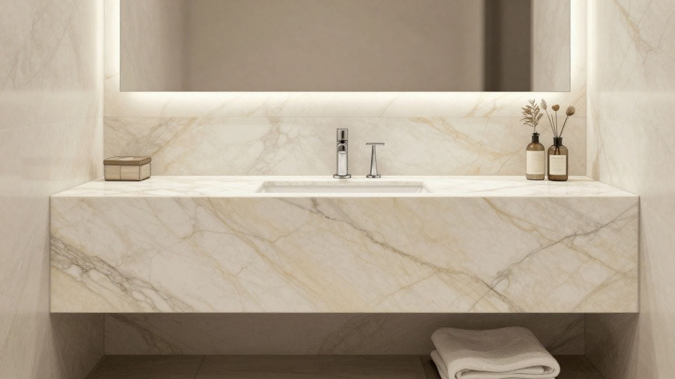 Crema Marfil marble bathroom vanity and floor sketch.