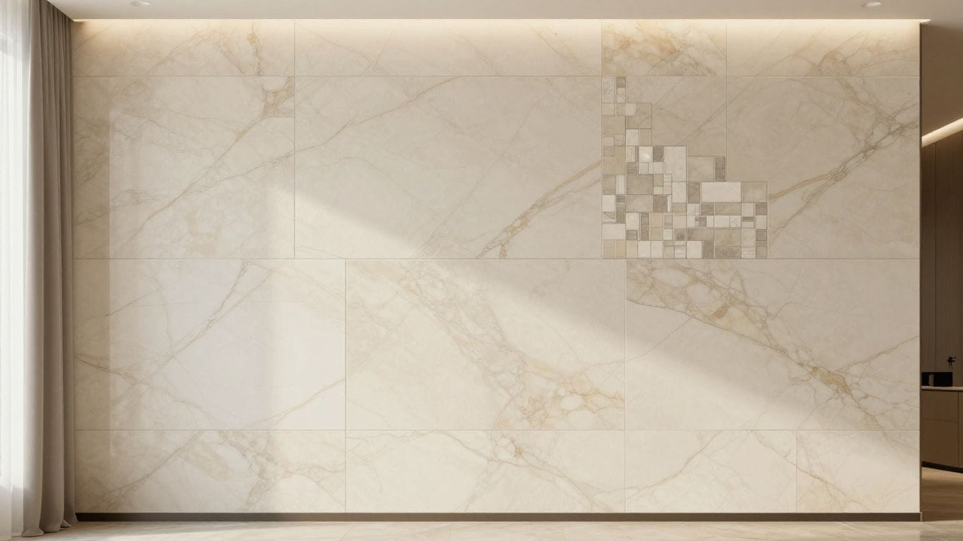 Crema Marfil marble tiles and mosaics in a modern design.