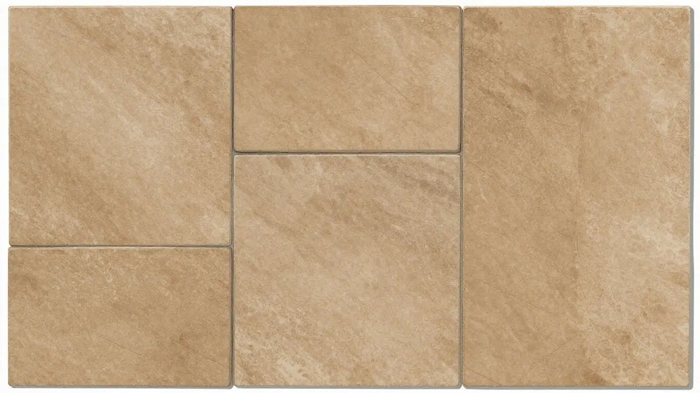 草图，描绘了带有泥土棕色调的 Travertine Noce 瓷砖。