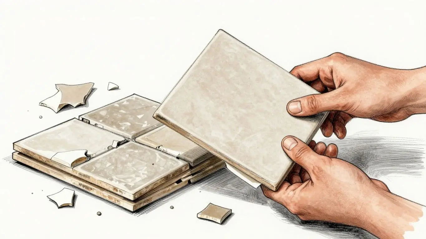 Hand selecting quality tile over worn-out tiles.