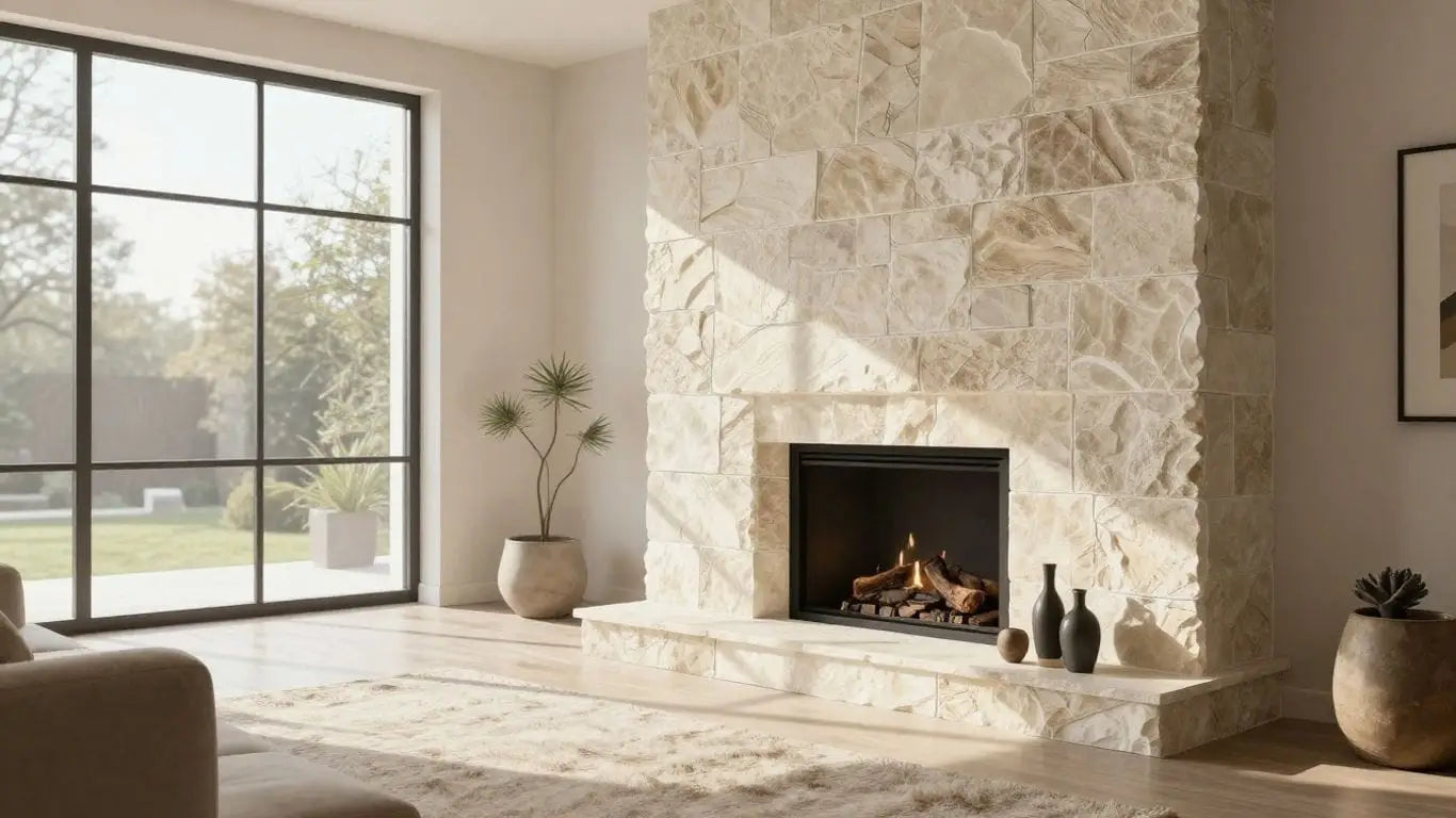 Natural stone tile fireplace in a modern living room.