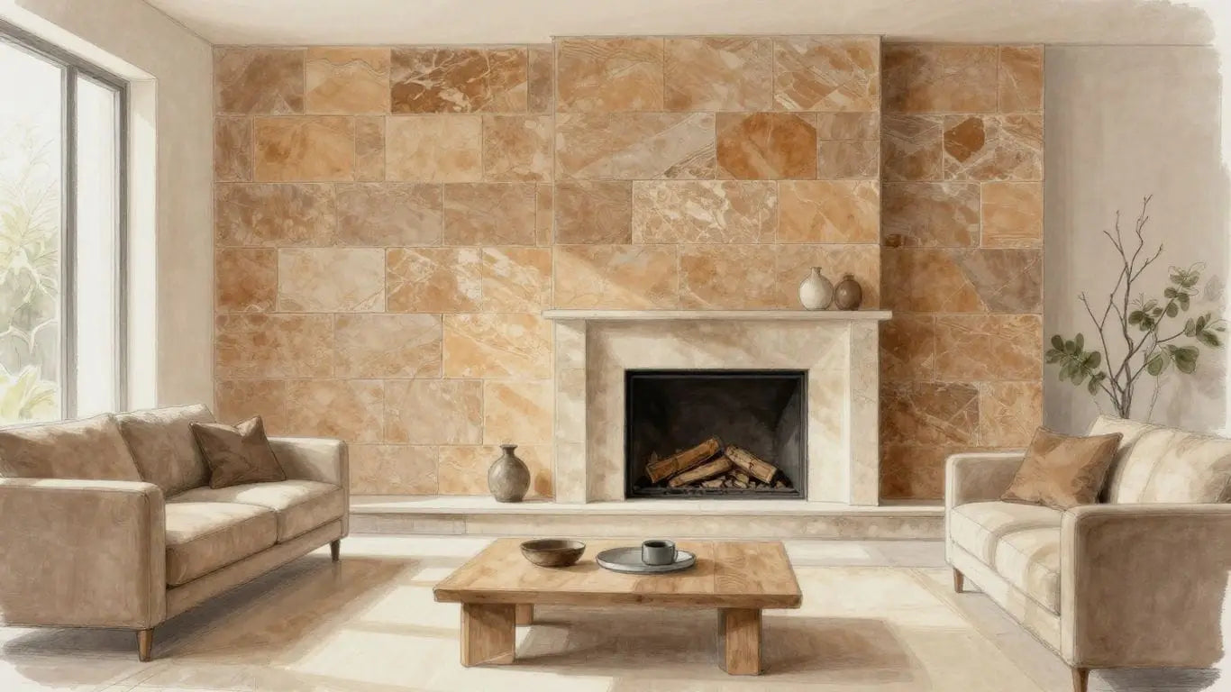 Earthy limestone tiles in a modern living room sketch.