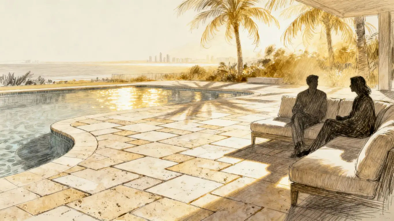Outdoor travertine patio and pool deck