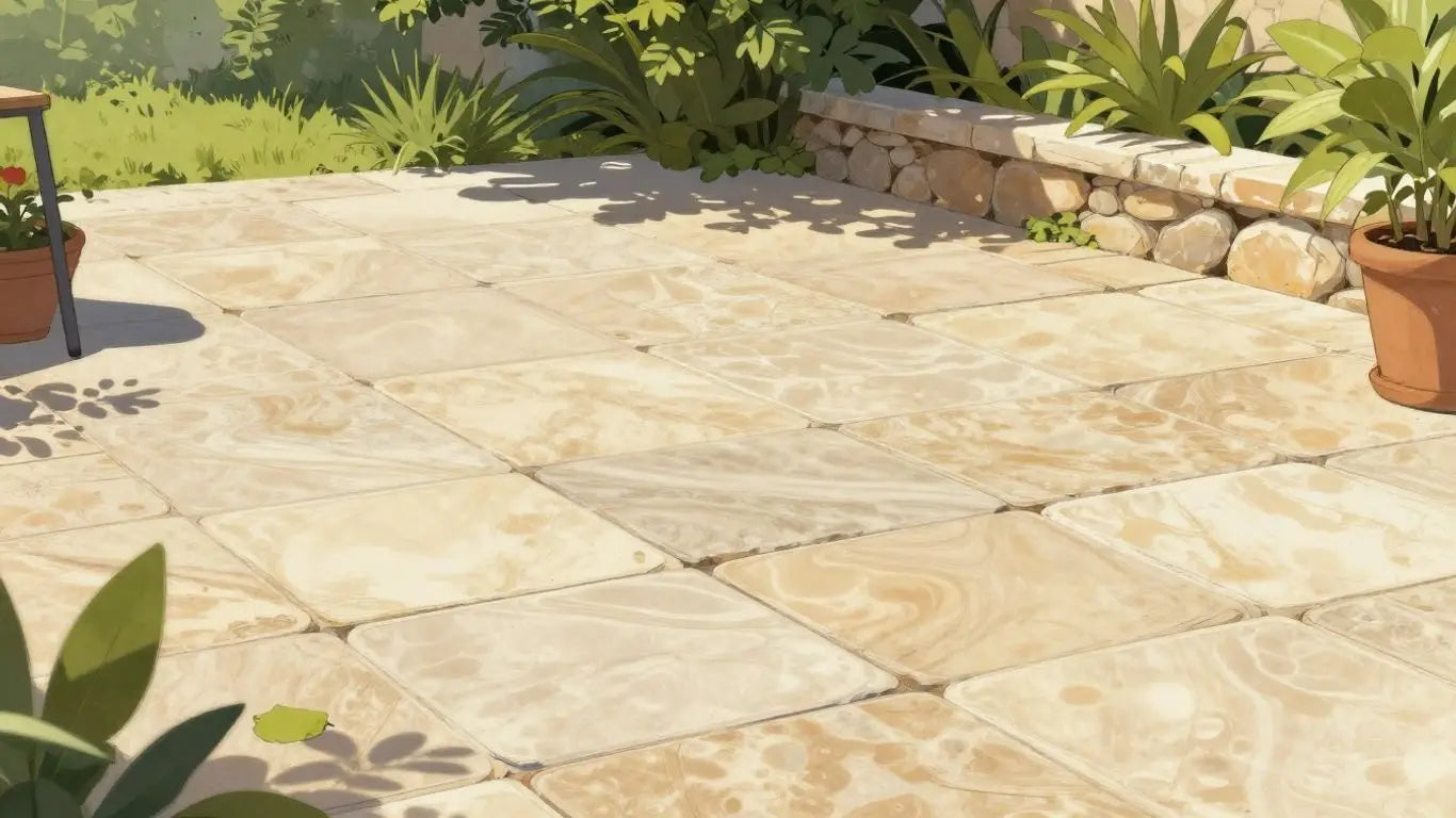 Lymra limestone patio in a garden setting.