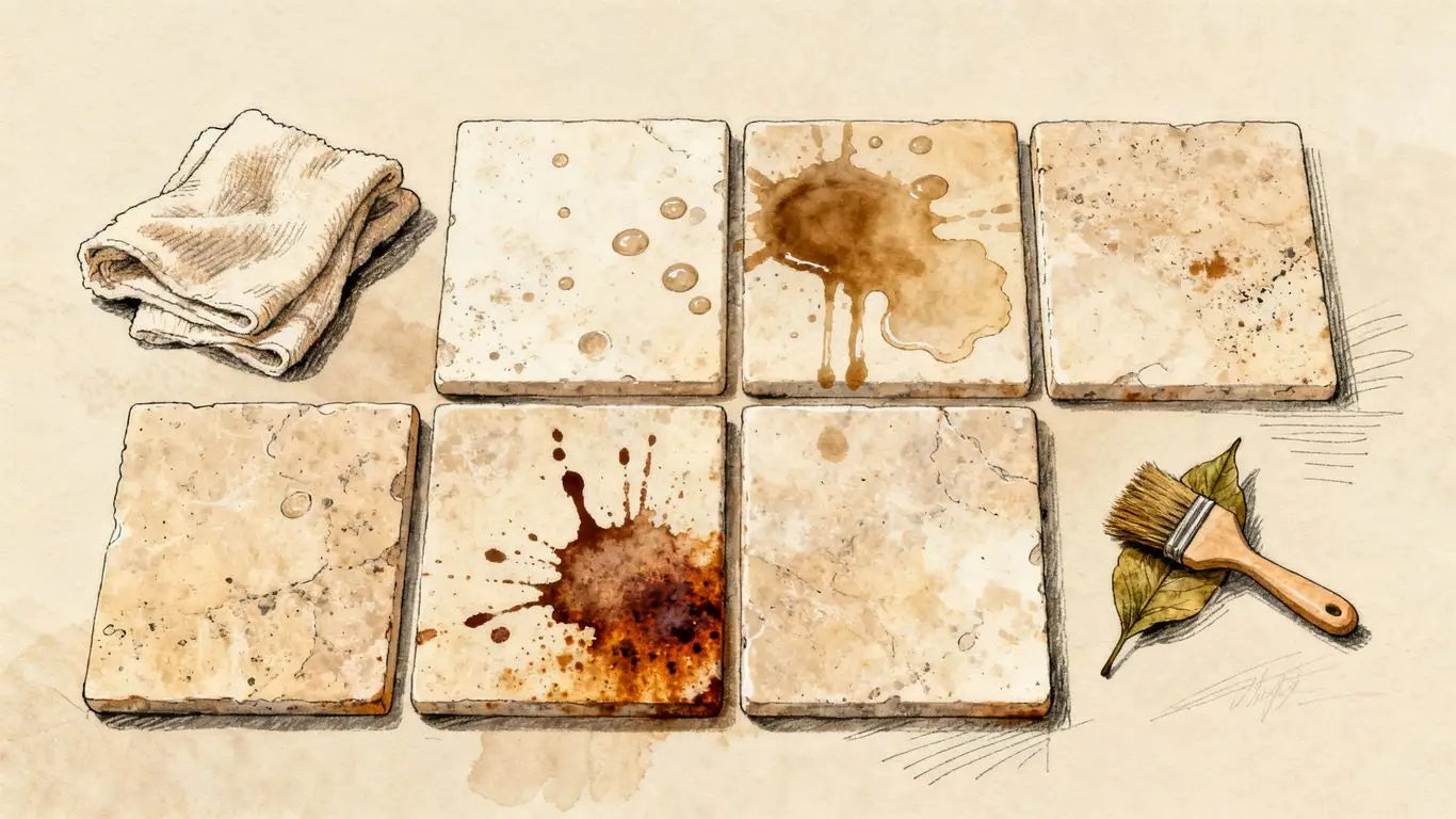 Clean travertine surface beside common stain examples