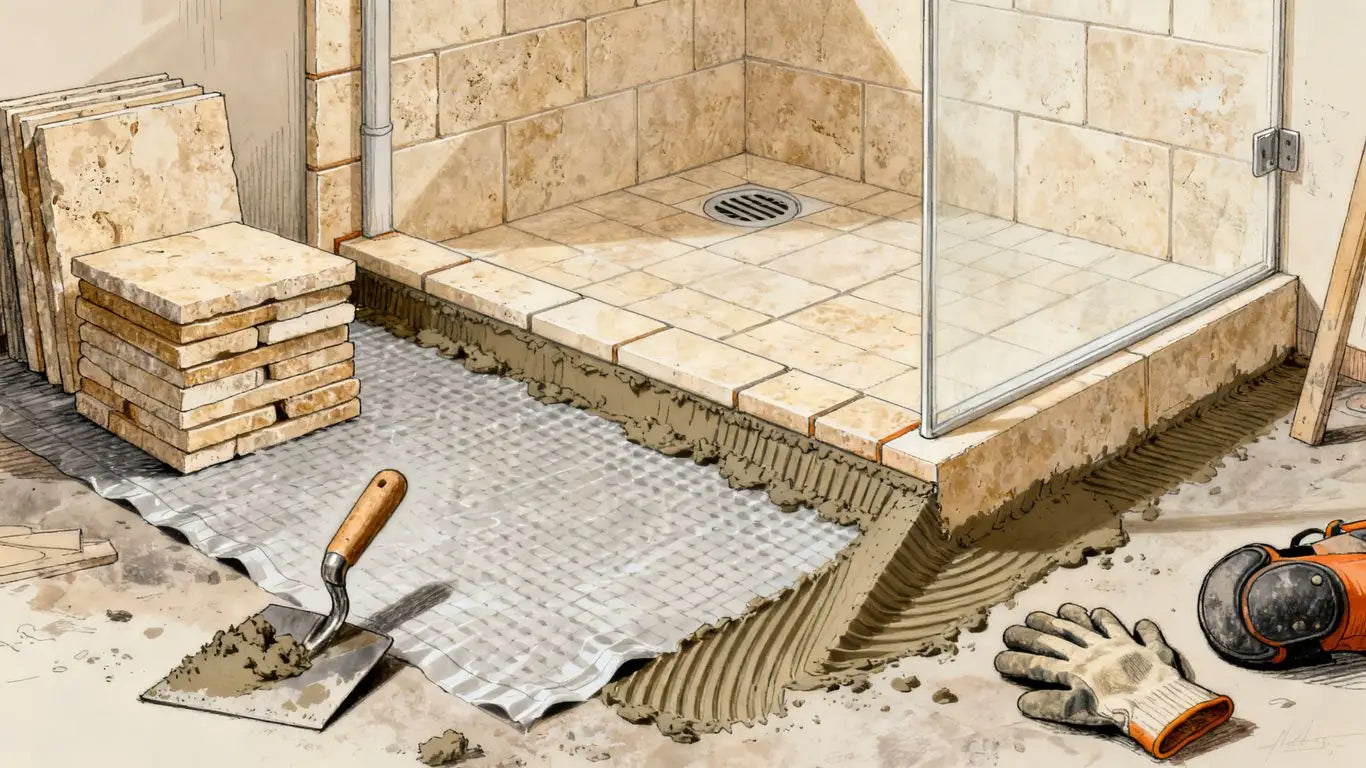 Travertine shower installation with waterproof detailing