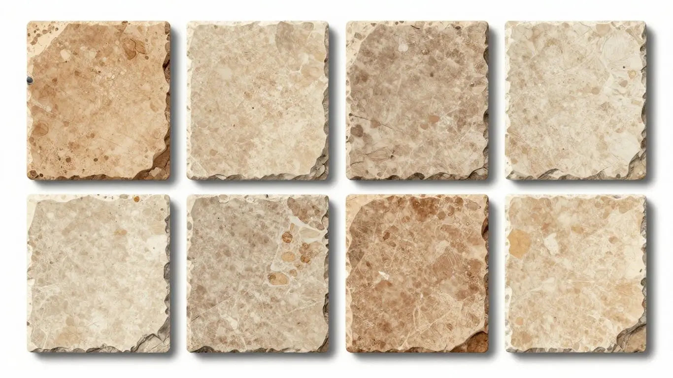 Natural earth-tone limestone tiles in a tumbled pattern set.
