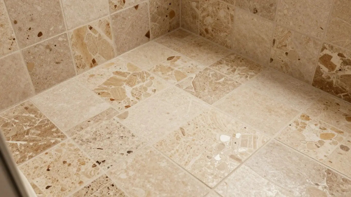 Scabos travertine tiles on a shower floor.