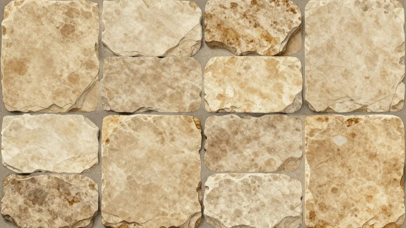 Tumbled limestone tiles with a soft, worn texture.