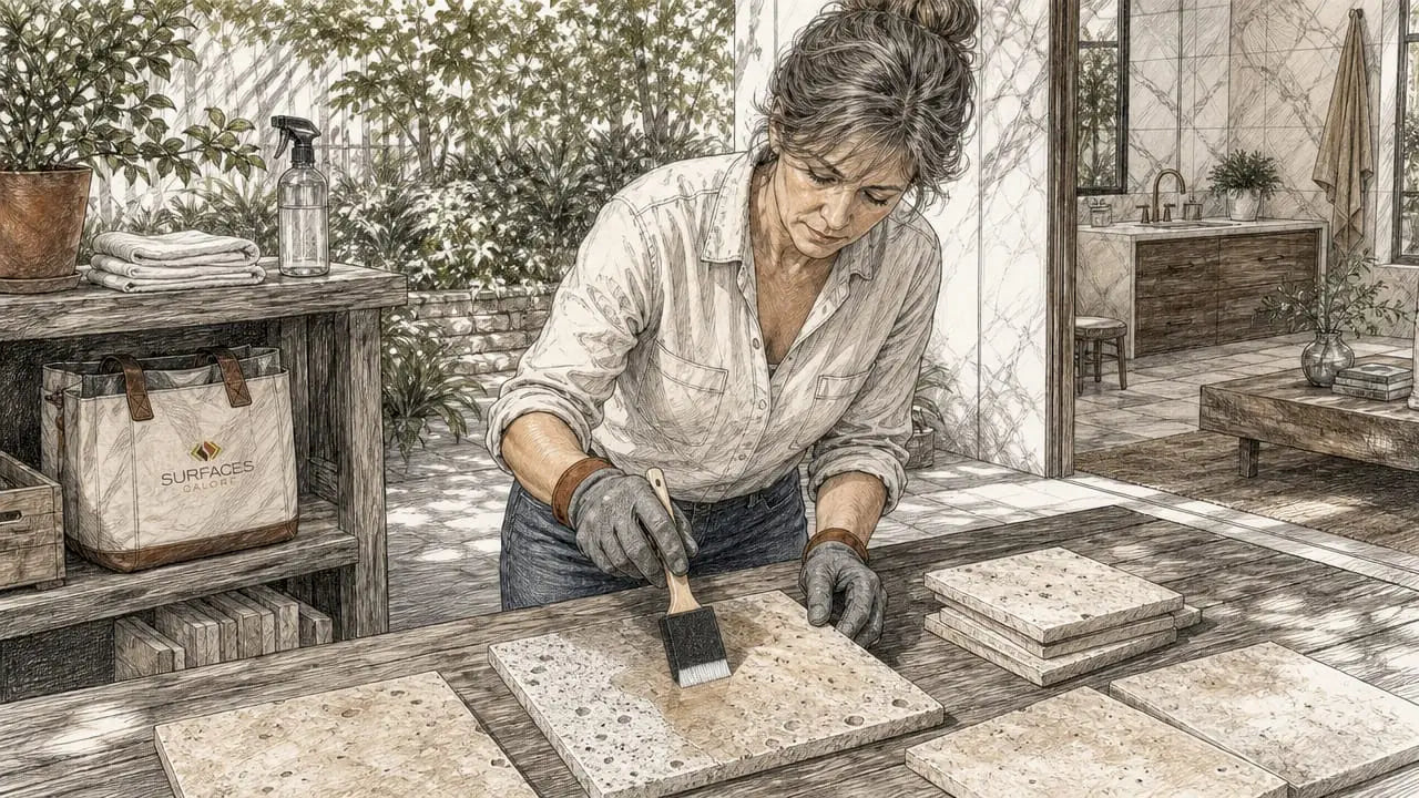 Woman applying sealer on stone tile with foam brush