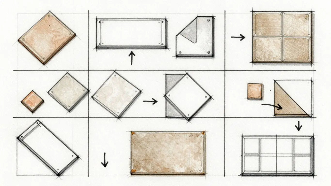 DIY tile project planning and waste calculation sketch.