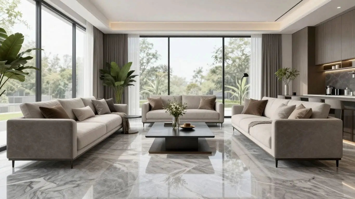 Modern living room with Tundra Gray marble flooring