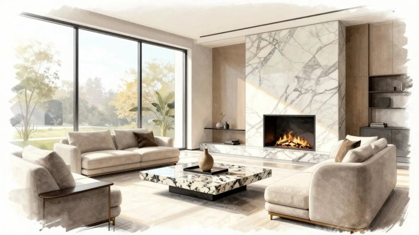 Interior design sketch featuring natural stone fireplace and furniture.