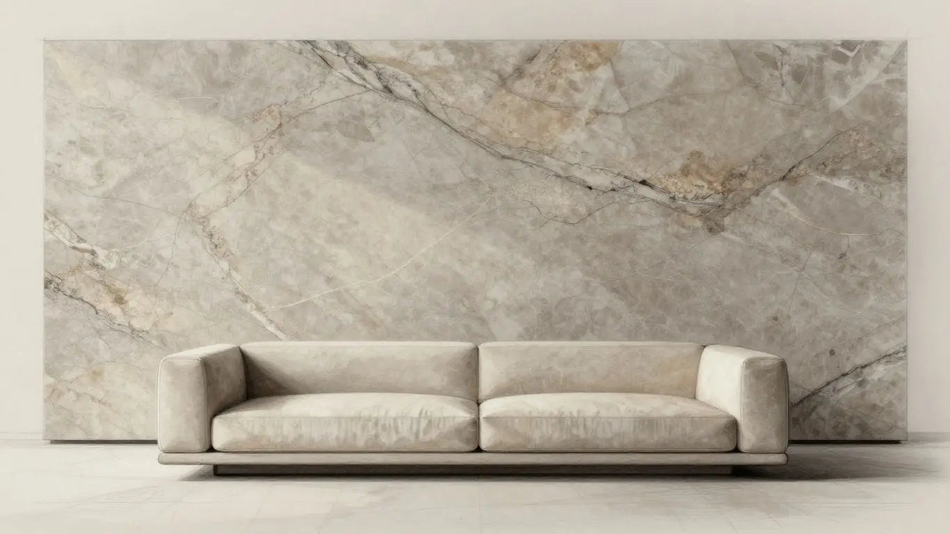 Minimalist interior with a prominent limestone wall.