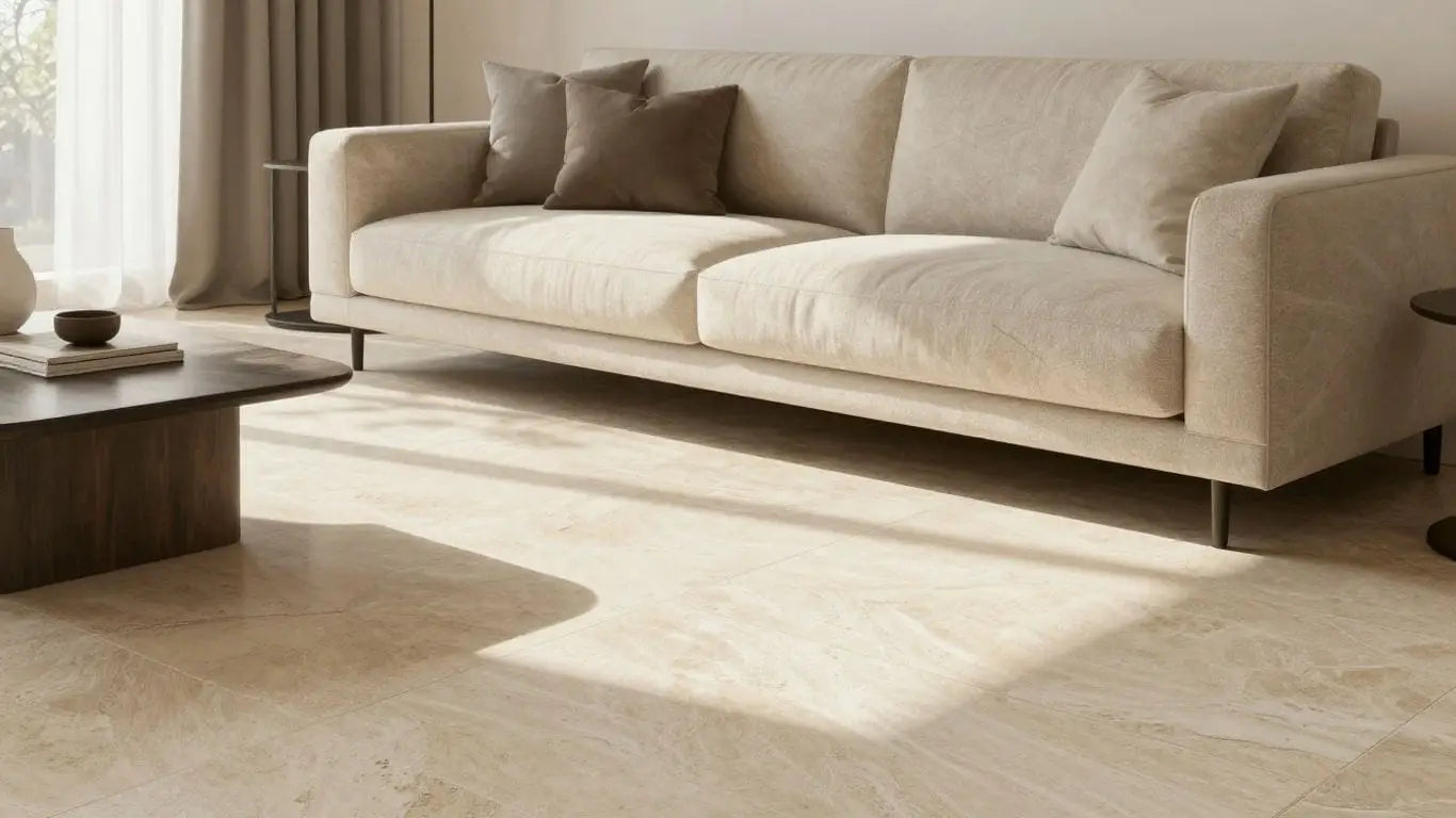 Elegant limestone tiles in a modern living room interior.