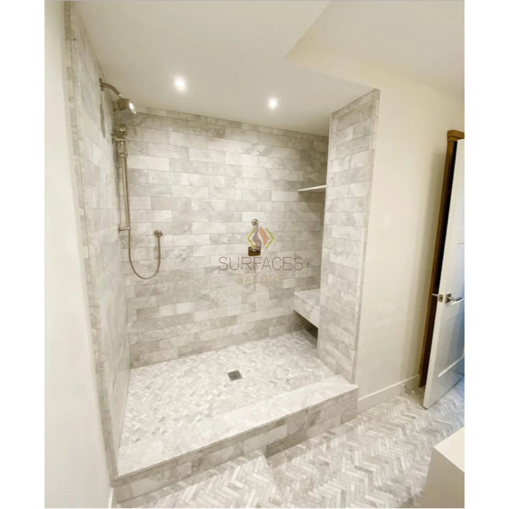 Marble-tiled walk-in shower featuring Bianco Congelato 2’’ Hexagon Mosaic Dolomite