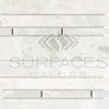 White marble mosaic tile in Bianco Congelato Manhattan Random-Strip Dolomite Leathered