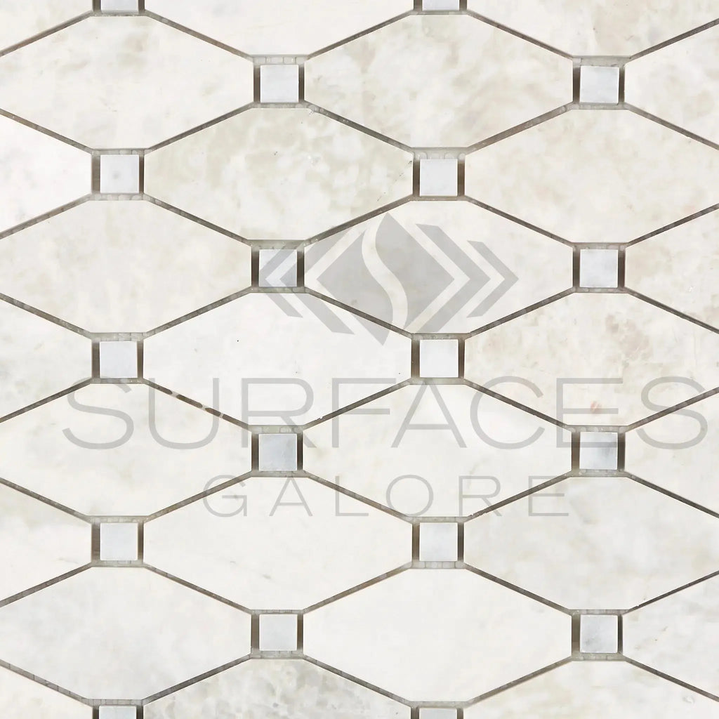 Geometric marble tile pattern of Bianco Congelato Octave Blue-Gray Mosaic Dolomite