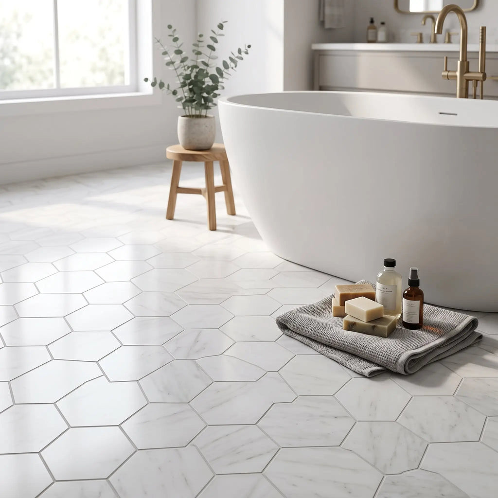 White dolomite 10 inch hexagon mosaic marble polished floor tiles with subtle gray veining and marble effect