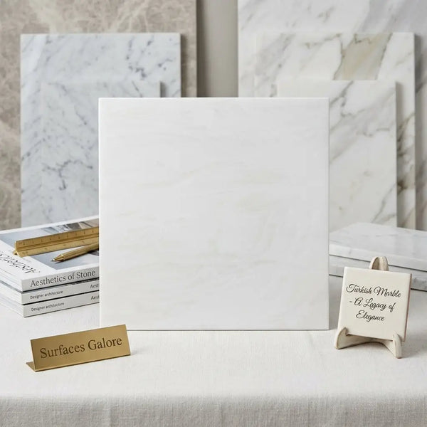 A sleek white Turkish Bianco Dolomite marble slab with subtle veining and a polished 12x12 surface
