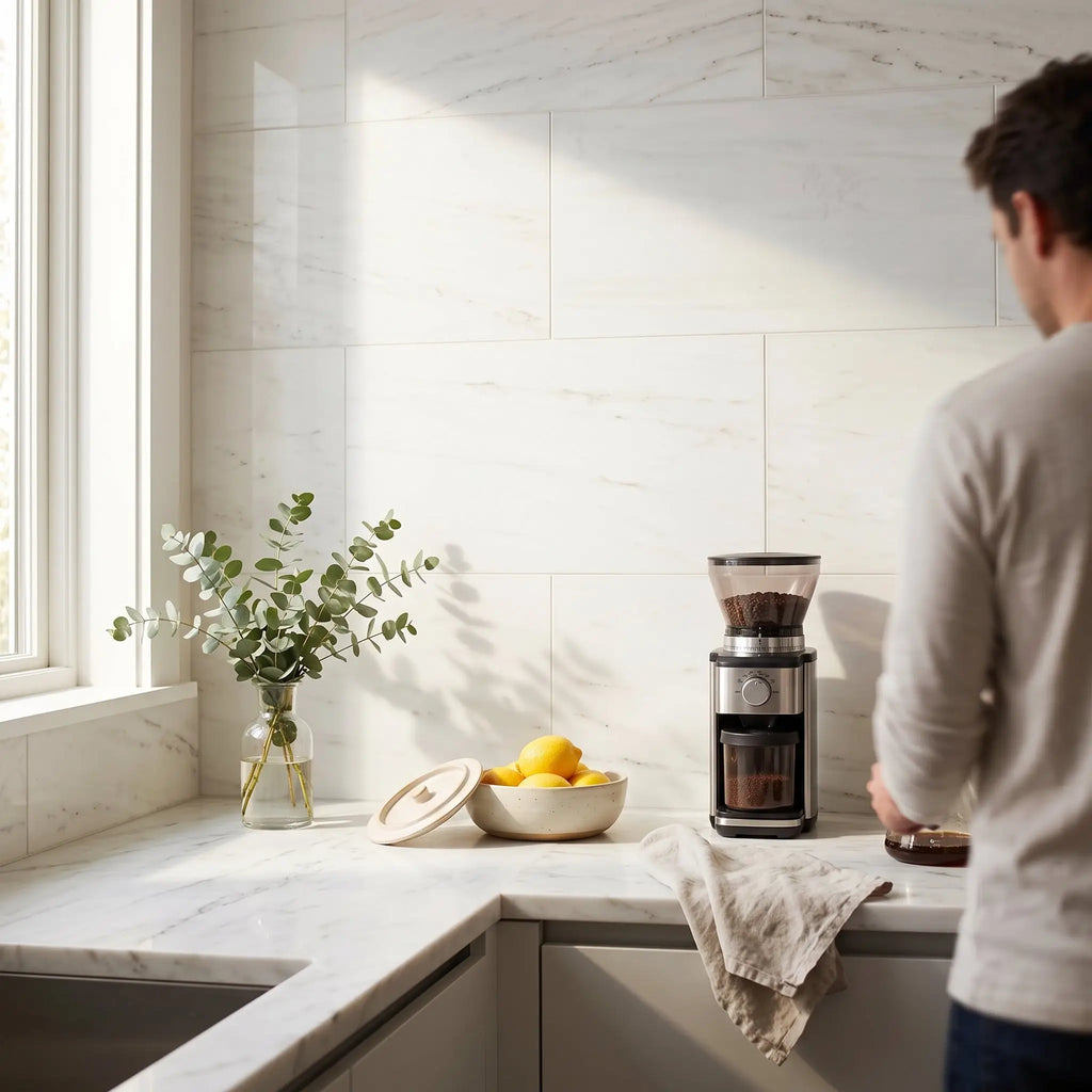 Black and silver electric coffee grinder with transparent hopper and container with Bianco Dolomite 12x24 marble tile background