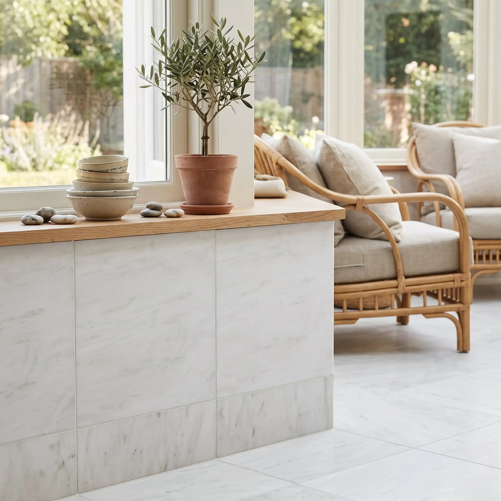 White marble cabinet with bianco dolomite 18x18 polished or honed marble countertop and wooden surface