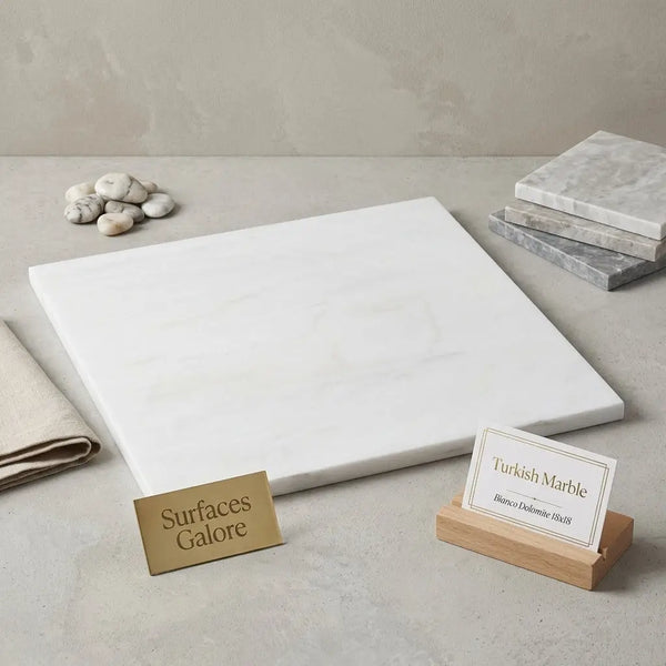 A sleek rectangular white turkish marble cutting board with subtle veining polished finish bianco dolomite 18x18 marble
