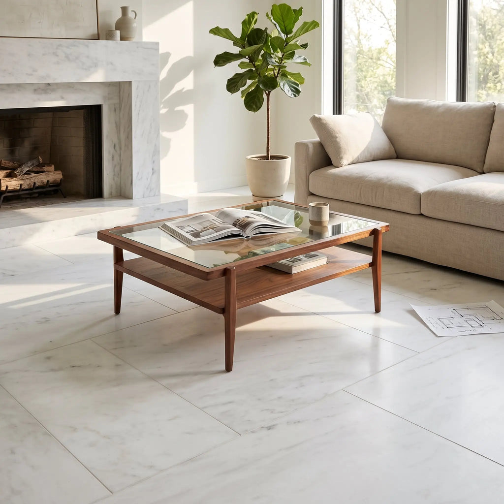 Modern coffee table with glass top and wooden frame featuring minimalist design with bianco dolomite white marble detail
