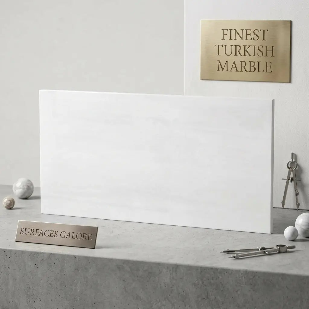 A polished white turkish marble slab bianco dolomite with a smooth minimalist finish 18x36 size